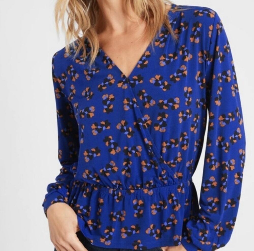 Banana Republic Blue Floral Faux Wrap Peplum Long Sleeve Blouse Size Small